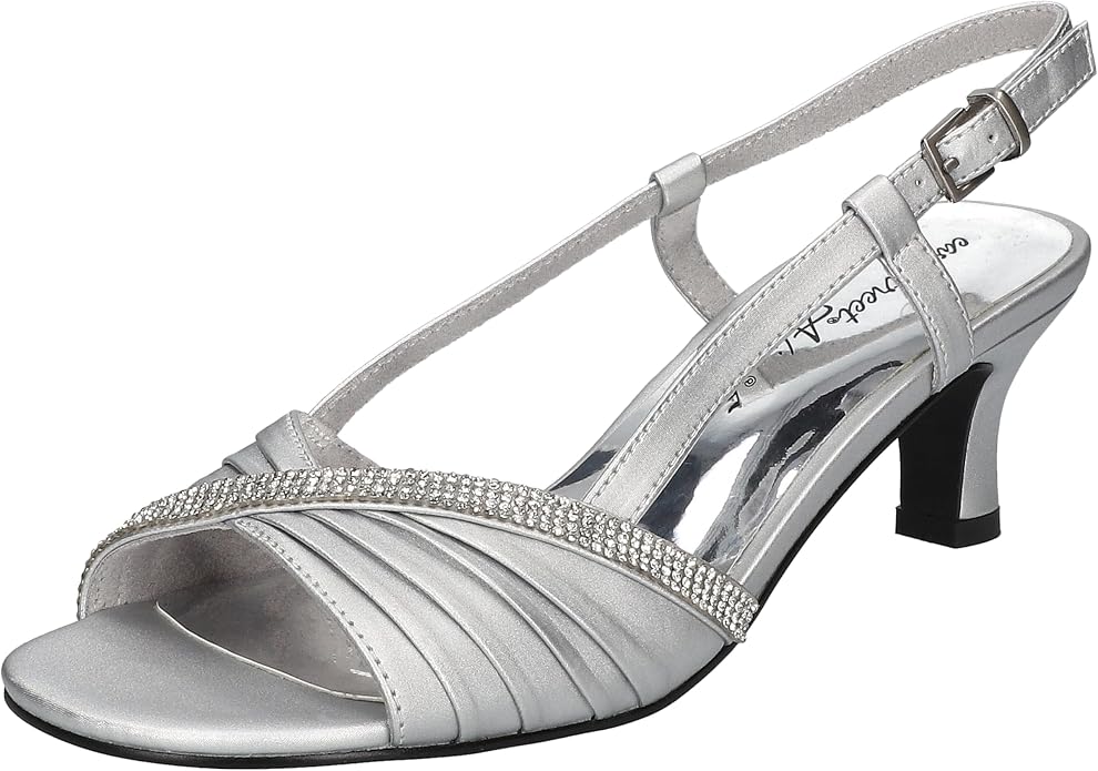 Easy Street Easy Street Women's Delite Kitten Heeled Sandals, Silver Satin-Stones, 8.5 Medium