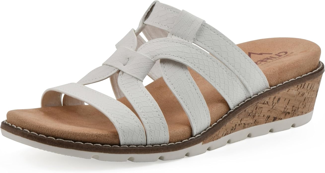 CLIFFS BY WHITE MOUNTAIN CLIFFS BY WHITE MOUNTAIN Women's Tinisha Strappy Cork Wedge Sandal, White/Embossed, 9 M