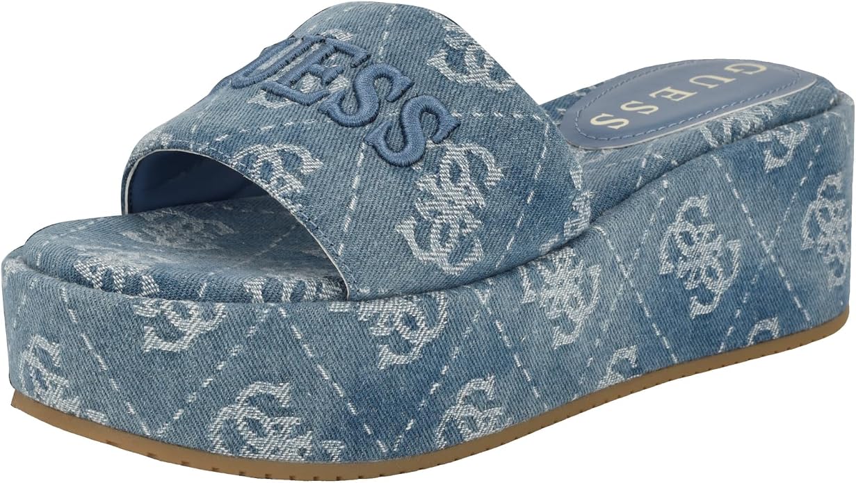 GUESS GUESS Women's BINTAI Sandal, Medium Blue Denim Logo 420, 8.5