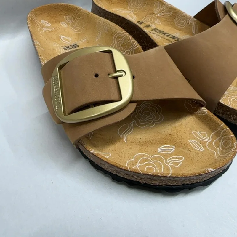 Birkenstock, Women's, Madrid Big Buckle Printed Footbed - Nubuck, Mink, Women's 7-7.5, Narrow — Brown — Size 38 6
