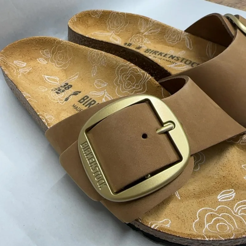 Birkenstock, Women's, Madrid Big Buckle Printed Footbed - Nubuck, Mink, Women's 7-7.5, Narrow — Brown — Size 38 7