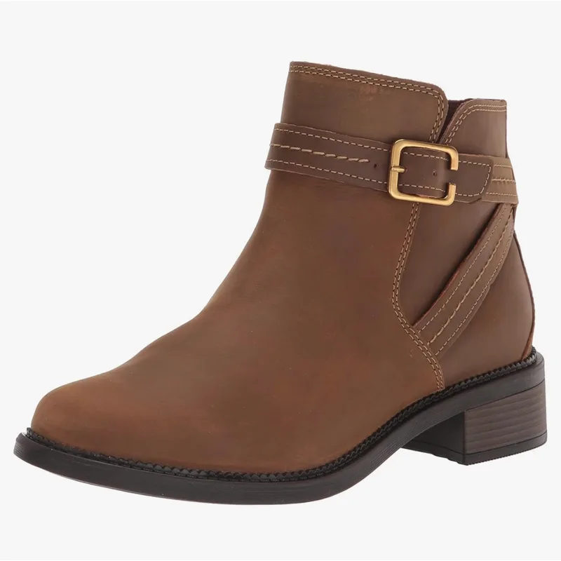 Clarks Women's Maye Strap Ankle Boot, Dark Tan Leather, 10 Wide US