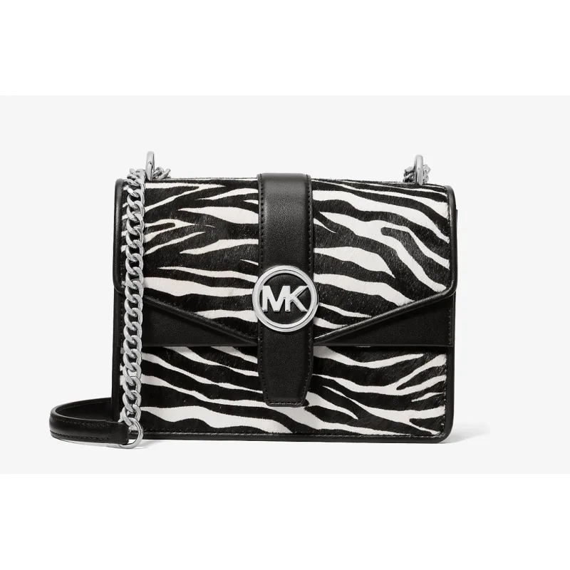Michael Kors Greenwich Women Small Animal Print Logo Flap Crossbody Bag Black