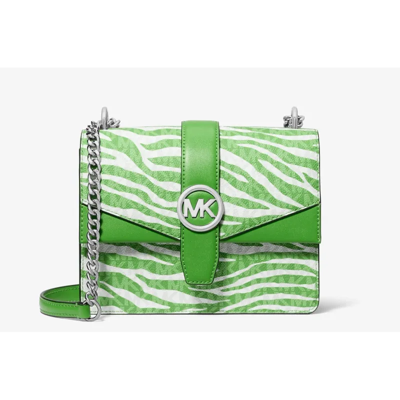 Michael Kors Greenwich Women Small Animal Print Logo Flap Crossbody Bag Green