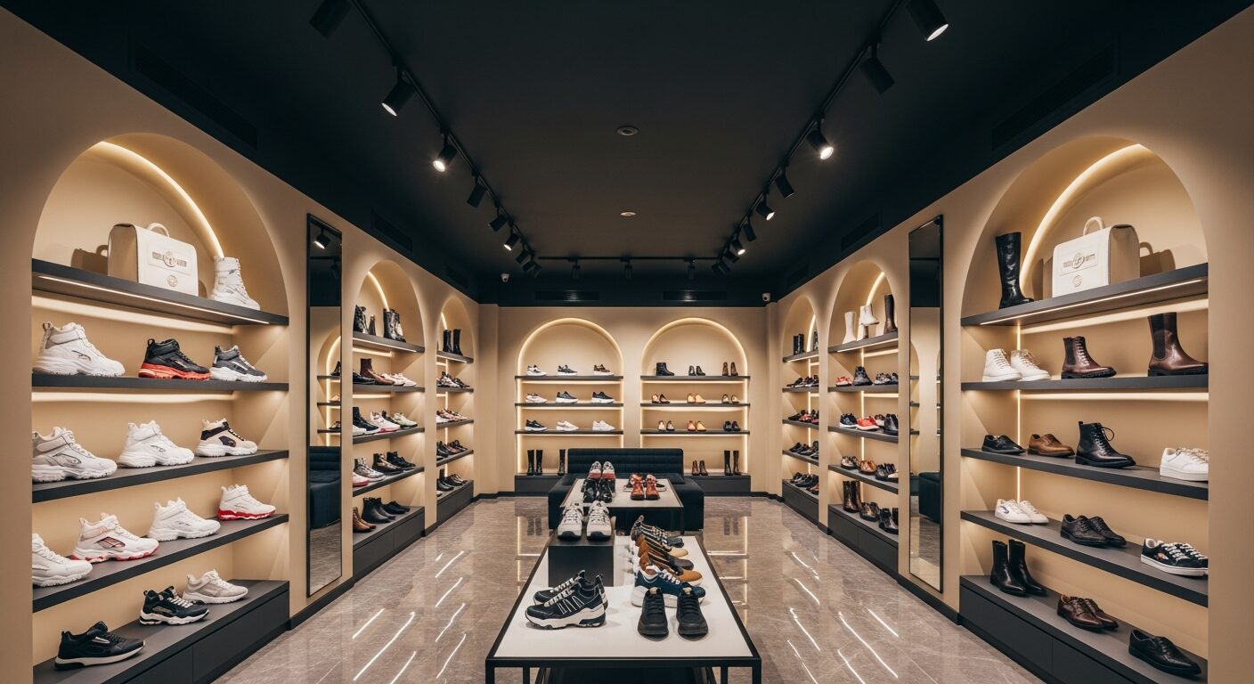 Shoes and boots displayed on illuminated shelves in a luxury footwear boutique